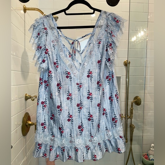 NWT 2pc SET🌹 SS20 Long Stem Roses Silk Tunic Blouse Matching Shorts -Cornflower - Picture 5 of 15